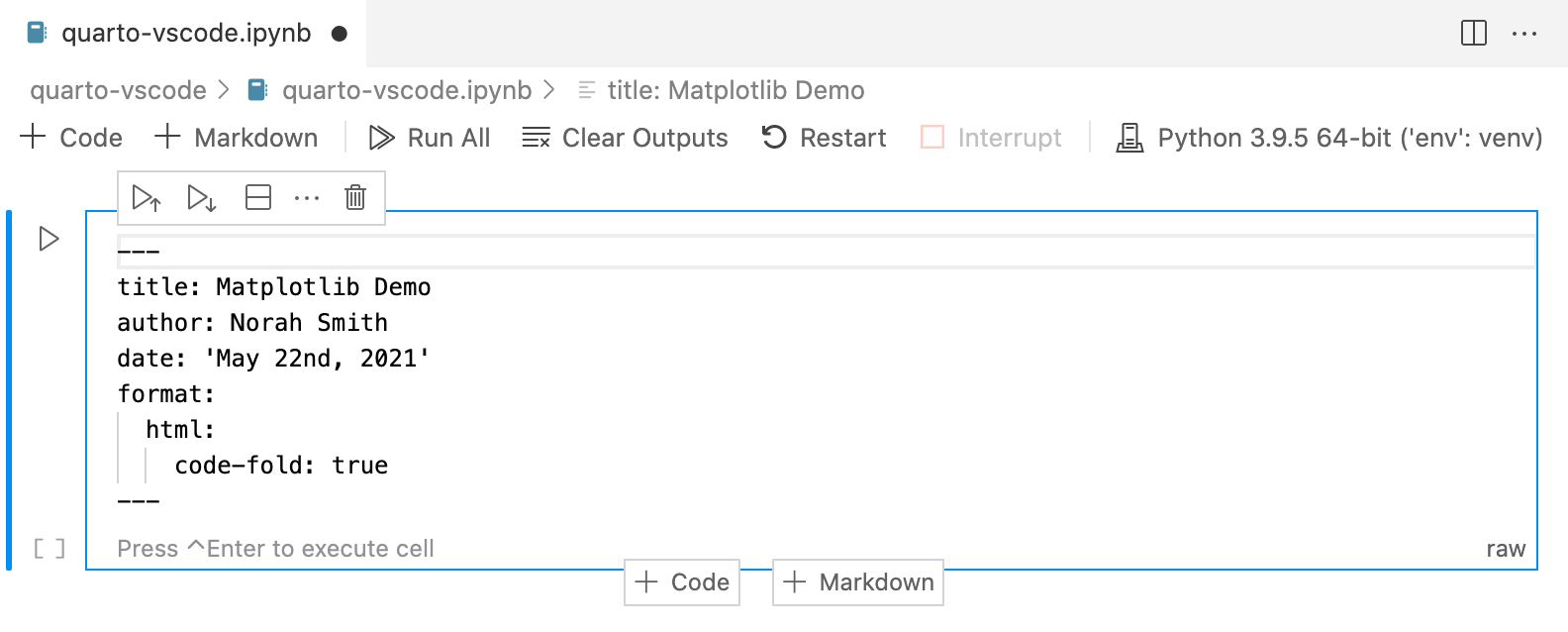 The top section of an ipynb file open in VS Code. There is a Raw cell containing yaml front matter.